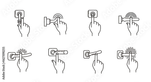 A collection of vector illustrations showcasing various hand gestures interacting with different door handles, presented in a clean, modern, and easily adaptable style.