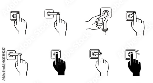 Collection of hand icons interacting with a flush lever or button on a toilet, presented in a clean vector PNG format.