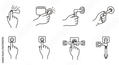 Various hand gestures interacting with door handles, push buttons, and pull mechanisms are depicted in a clean, minimalist vector line art style.
