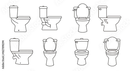 A vector illustration showcasing a collection of various toilet designs, presented in a clean, black and white outline style, perfect for architectural and sanitary design applications.