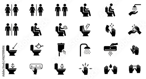 A collection of simple black and white vector icons depicting various toilet symbols, hygiene practices, and bathroom facilities for clear communication.