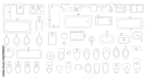 A detailed vector illustration showcases a variety of bathroom fixtures, presented in a clean, architectural style, perfect for design and planning purposes on a white background.
