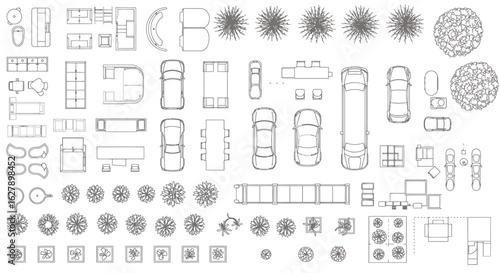 A top-down vector illustration presents a collection of architectural elements, including furniture, vehicles, and trees, rendered in a clean, minimalist line style for design use.