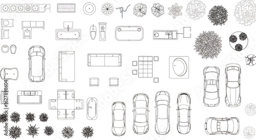 A comprehensive collection of top-down vector line drawings depicting various architectural elements like furniture, vehicles, and trees for floor plan designs.