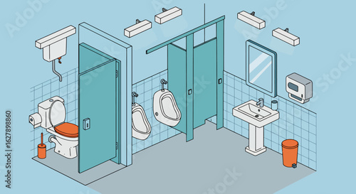 Isometric view of a clean public restroom featuring urinals, a toilet, sink, and stalls with a blue tiled wall and light blue background.