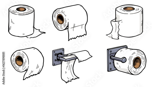A collection of hand-drawn vector illustrations depicting various toilet paper rolls, some on holders, suitable for hygiene-related designs.