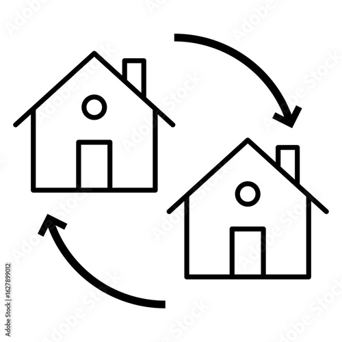 Logo reubicación de vivienda. Icono casas con flechas circulares con líneas 