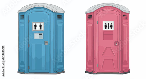 Two portable toilets, one in blue and the other in pink, isolated on a white background, offering a clear and simple vector illustration for sanitation needs.