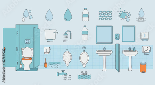 A collection of clean, modern vector icons depicting bathroom elements, including toilets, sinks, urinals, and water droplets, on a light blue background.