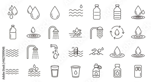 A comprehensive set of outline vector icons depicting various water-related concepts, including droplets, bottles, showers, and sanitation, ideal for web design.