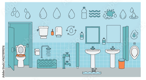 A vector illustration depicts a public restroom with various fixtures including toilets, sinks, and showers, all presented in a clean and organized flat design style for commercial use.