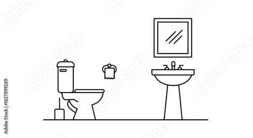 A clean, minimalist vector illustration of a bathroom interior, featuring a toilet, sink, mirror, and essential fixtures in a modern, line art style, perfect for design.