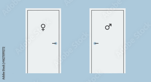 A vector graphic depicts two restroom doors, one designated for women and the other for men, set against a light blue background, offering a clear visual guide.