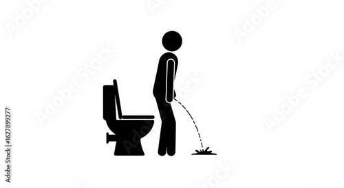 A simple pictogram of a person standing next to a toilet, urinating onto the floor, rendered in a clean vector graphic style.
