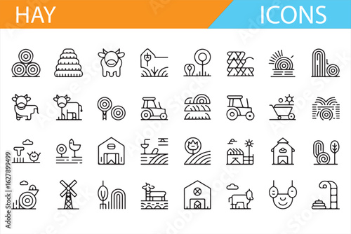 Vector farming icons for hay production, livestock, and field activities.