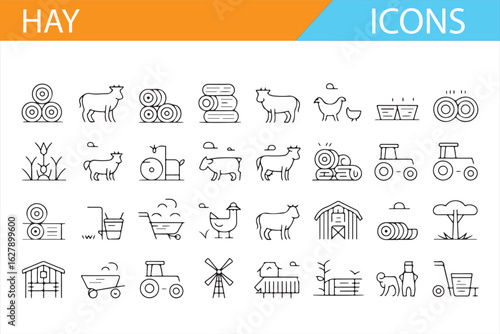 Minimalist farming icons for hay bales, animals, and fieldwork in agriculture.