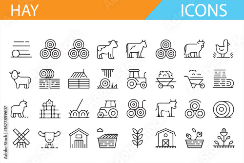 Vector icons of farm life, featuring hay bales, cows, tractors, and barnyard elements.