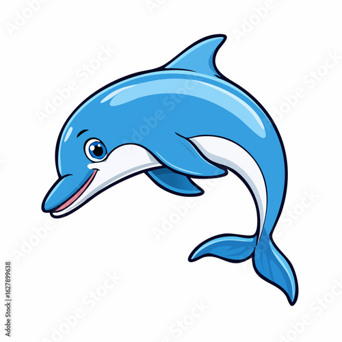 A delightful cartoon depiction of a friendly blue dolphin leaping playfully in the ocean