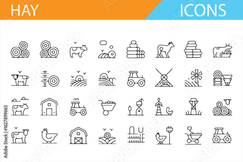 Line art icons for agriculture, showcasing hay bales, livestock, and farm equipment.