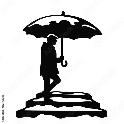 Silhouette of person with umbrella on steps, winter imagery