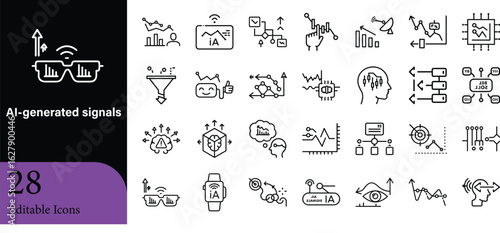 Collection of twenty eight ai generated signals represented in simple and clean vector icons with editable designs on a black background