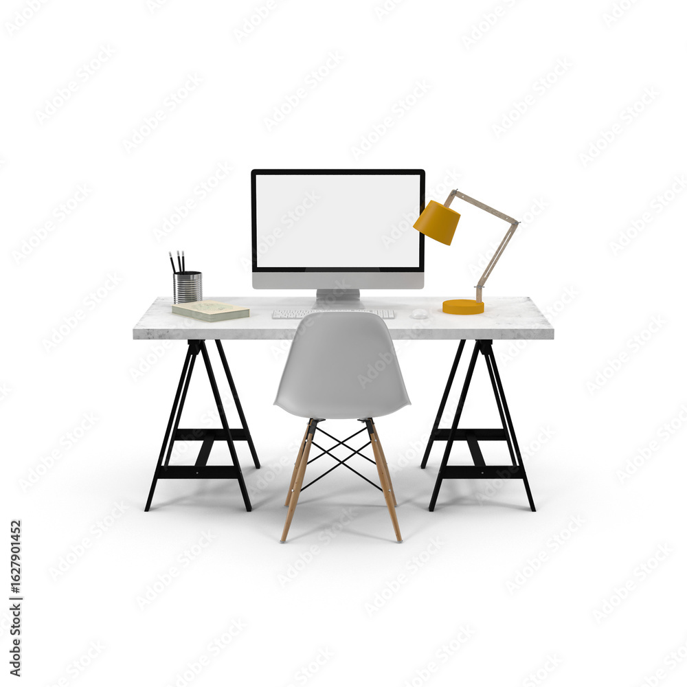 Fototapeta premium Modern Workspace with Computer, Chair, and Desk Lamp Isolated on Transparent Background