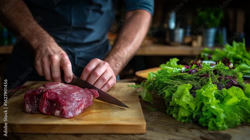Chef is preparing a meal and has just cut a piece of meat on a wooden cutting board. cutting raw meat and salad on same surface, hands visible, poor hygiene scene, salmonella outbreak