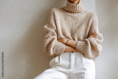 Woman in a beige turtleneck sweater and white pants