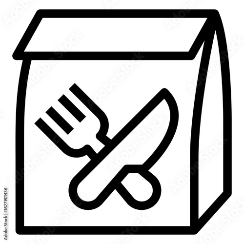 Logo comida para llevar. Bolsa de papel con cubiertos cruzados. Icono bolsa de papel con cuchillo y tenedor con líneas