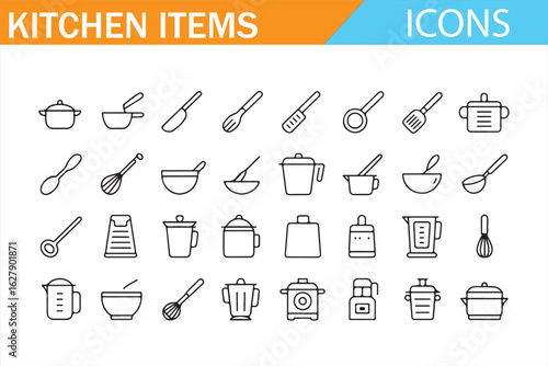 Set of kitchen item icons including utensils, cookware, and kitchen appliances.
