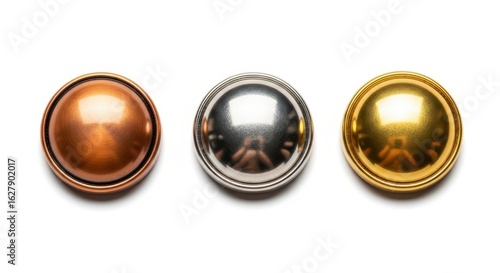 Isolated gold, silver, and copper metallic domed buttons on white background