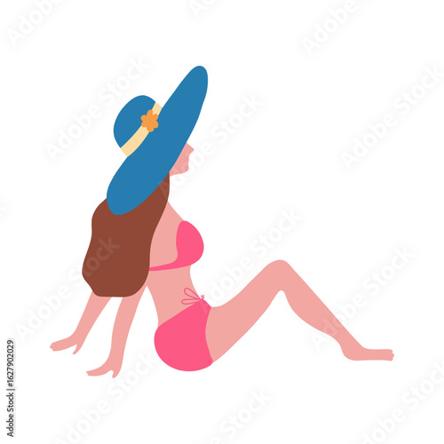 Relaxed woman in bikini and sun hat enjoying summer sun on beach, vacation concept, seaside lifestyle