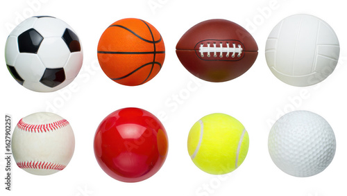 Collection of eight different sports balls arranged in two rows isolated on transparent background