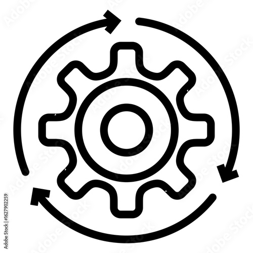Icono engranaje con flechas girando con líneas 