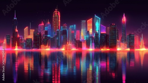 Artistic Neon Outlines Cityscape Silhouette with Water Reflection Illustration