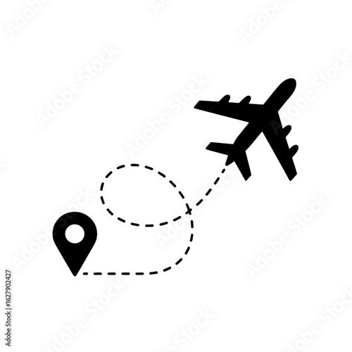 Airplane flying on a dotted line route from a location pin isolated on white background