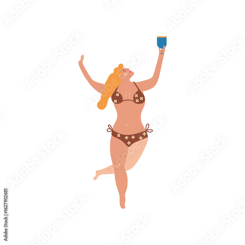 Basking in summertime bliss a happy woman raises a glass in celebration, radiating joy and carefree fun while soaking up the sun's warm rays