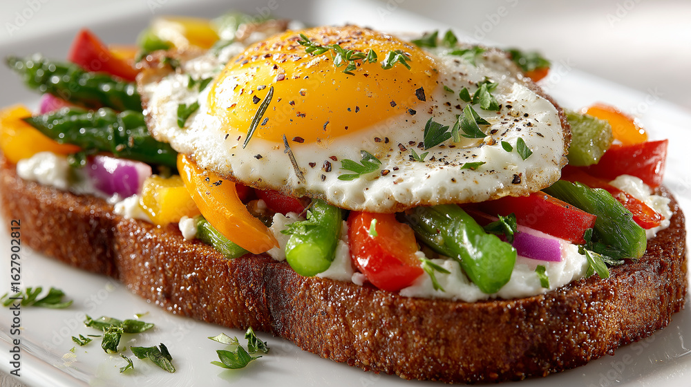 Open-Faced Sandwich With Fried Egg, Colorful Vegetables, And Fresh Herbs On Whole Grain Bread: A Healthy And Vibrant Breakfast Or Snack Option Open-Faced Sandwich With Fried Egg, Colorful Vegetables, And Fresh Herbs On Whole Grain Bread: A Healthy And Vibrant Breakfast Or Snack Option