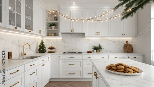 Minimalist White Kitchen with Evergreen and Gingerbread