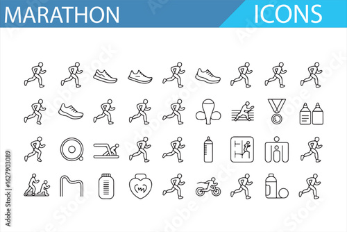 Set of marathon icons representing athletes, medals, and race-related symbols.