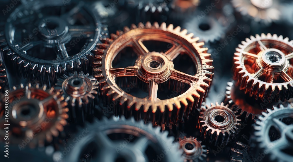 Close-up of many gears, various sizes and colors, interlocked Close-up of many gears, various sizes and colors, interlocked