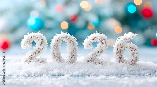 Snow-covered numbers 2026 are displayed on a soft white surface, surrounded by a festive bokeh background, creating a cheerful winter atmosphere. Selective focus