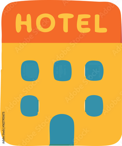 Abstract Watercolor Brush Stroke Flow Shape, Isolated Background. Vivid Yellow Hotel Building Icon, Travel Theme Accommodation Illustration