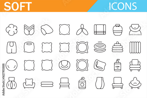 Detailed line icons of soft household items and plush toys for comfort and relaxation.