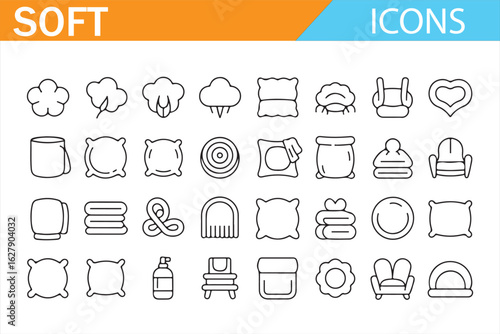 Home comfort icon set featuring soft elements like cotton, pillows, and blankets.
