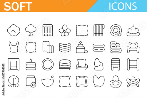 Set of soft and plush icons, featuring cotton, pillows, and plush items in clean line art illustrations.