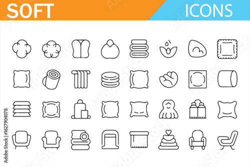 Set of soft and fluffy icons including pillows, cotton, and plush items.