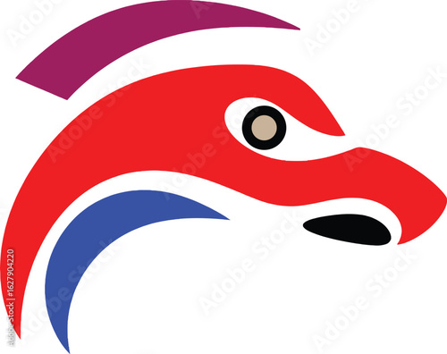 Stylized animal head with red body, blue lower jaw, purple crest and a grey eye on white background