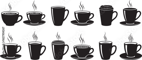 Collection of steaming coffee cups and saucers in a hand drawn silhouette style isolated on transparent background