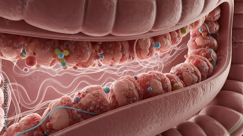 Colon Showing Microorganisms and Gut Flora in 3D Medical Animation